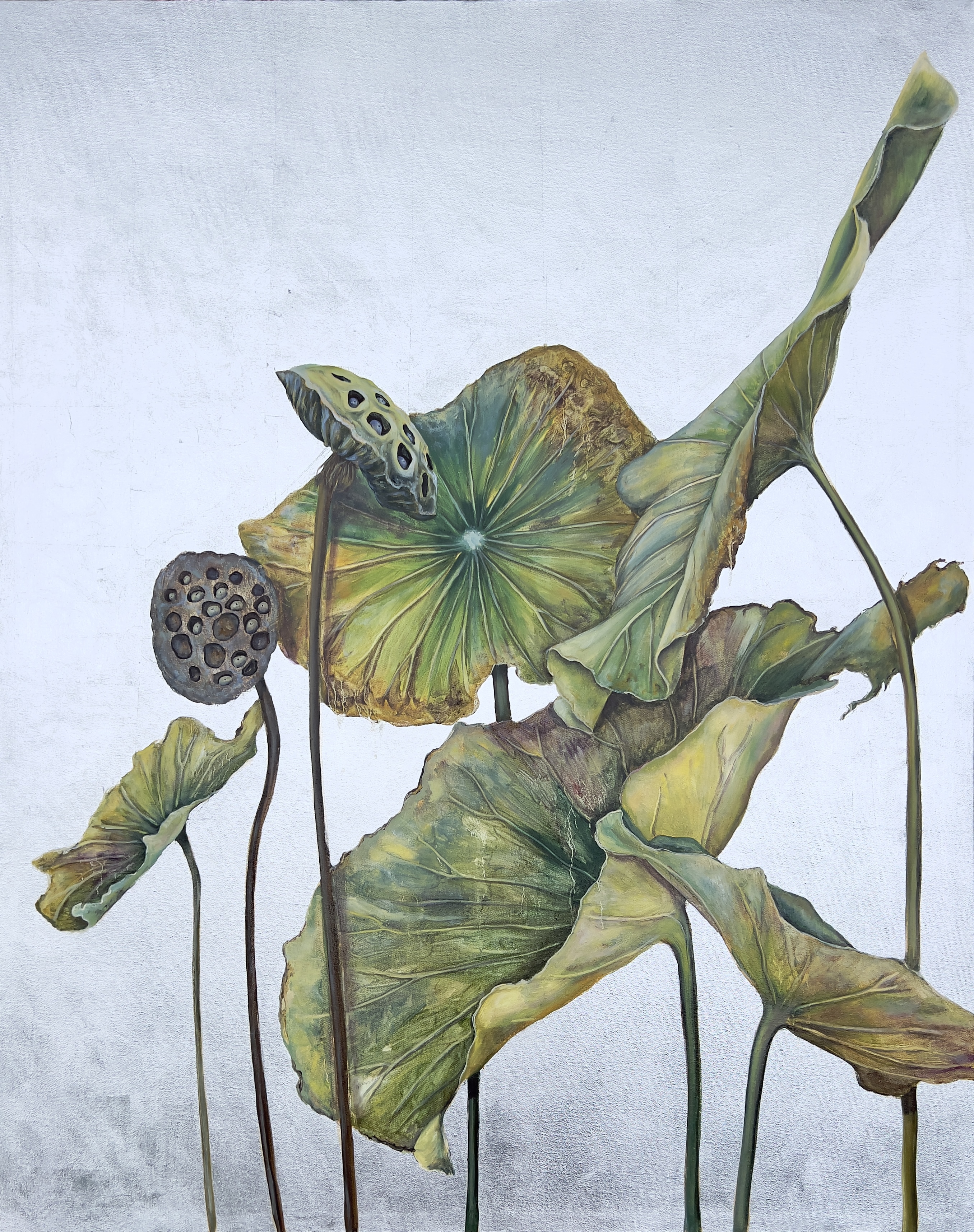 lotus, flowers, Lotus flower, Oil on canvas with metal leaf, painting, Daria Ivashchenko