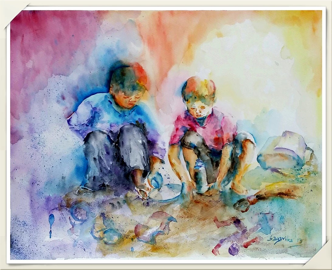 children, Lost Childhood, Water colour on paper, painting, Sagarika Sen