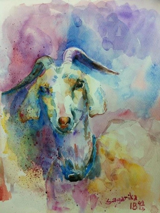 goat, Lonely Goat, Water colour on paper, painting, Sagarika Sen