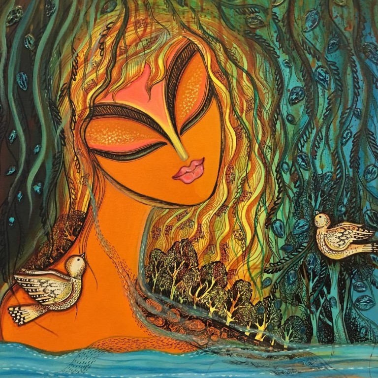 figure, Oneness with nature_2017_orig, Acrylic on canvas, painting, Sarbani Bhattacharya